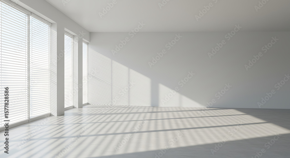Obraz premium Sunlight casts shadows across a bright, empty room.
