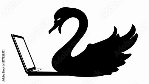 A black swan silhouette is depicted next to an open laptop, all presented against a white background