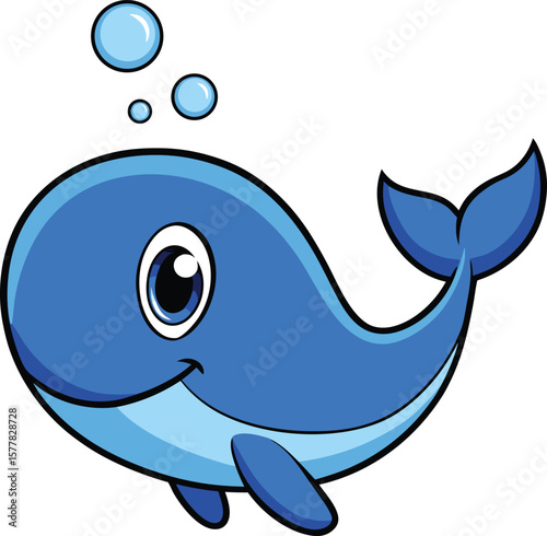 Cute cartoon whale vector with big eye smiling face blue body and water bubbles in ocean style
