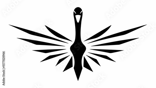A stylized black swan with geometric wings is displayed on a white background in a symmetrical design