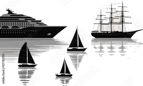Vector art of a collection of various boats and ships on the water