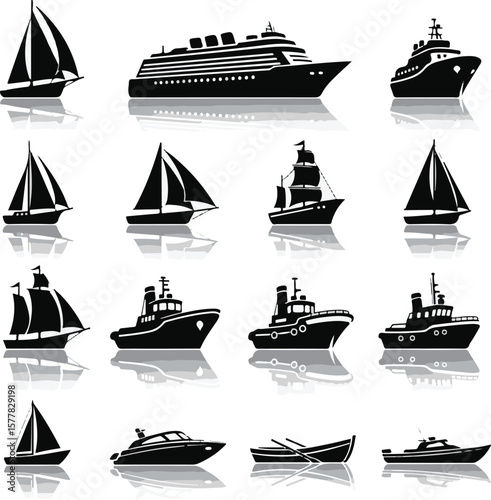 Vector art of a variety of ships and boats sailing on the ocean surface