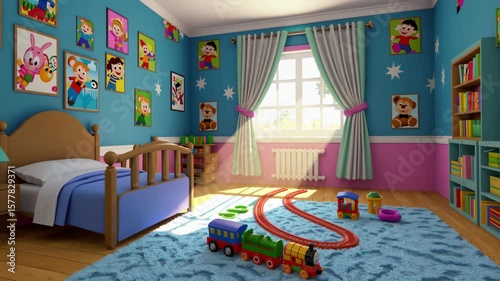 interior of children's room, cartoon animation style. Seamless looping time-lapse virtual video animation background
