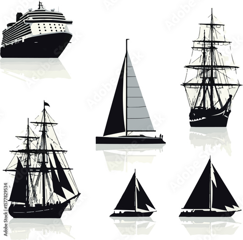 Vector art of assortment of nautical vessels including cruise ships and sailboats