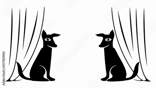 Two black dogs sitting behind curtains facing each other in a symmetrical composition design of art