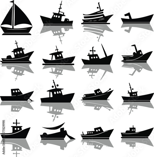 Vector art of collection of various boat silhouettes isolated on white background
