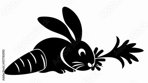 Silhouette of a rabbit eating a carrot with long ears and a bushy tail in black and white style