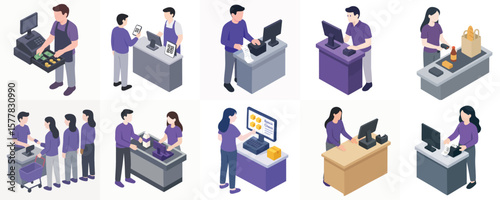 Isometric Style Diverse Customer Service Point Of Sale Illustration Set