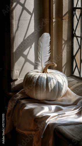 White pumpkin with a decorative feather on soft fabric near a window in natural light. Minimal fall harvest still life with rustic textures and seasonal styling.