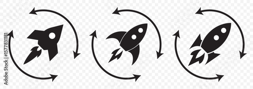 Startup icon line art, vector set. Rocket icon. Rocket launched icon vector. Set of rocket vector icons. Launch spaceship or spacecraft. Rocket fast flying for space. New business start up. EPS 10.