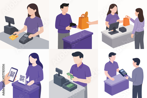 Isometric Detailed People Making Payment at Cash Register, Shop Counter Illustration Set