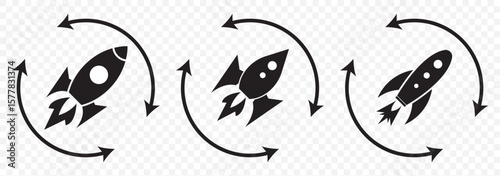 Startup icon line art, vector set. Rocket icon. Rocket launched icon vector. Set of rocket vector icons. Launch spaceship or spacecraft. Rocket fast flying for space. New business start up. EPS 10.