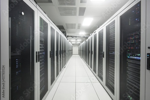 Financial data processing taking place in a modern server room with rows of organized systems  financial data processing over server room