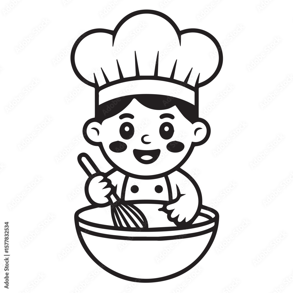 Smiling Child Chef Stirring Bowl – Cute Culinary Vector Art Smiling Child Chef Stirring Bowl – Cute Culinary Vector Art