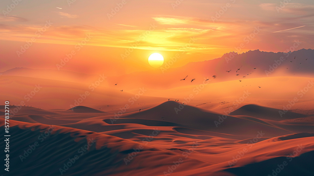 Desert landscape sunset with flying birds scene Desert landscape sunset with flying birds scene