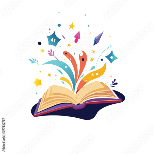 Open book with colorful abstract shapes and stars bursting out