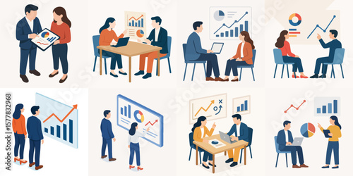 Modern Flat Isometric People Meeting and Discussing Financial Chart Illustration