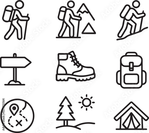 Minimalist Hiking Icons Set - Line Art for Outdoor UI & Adventure Design