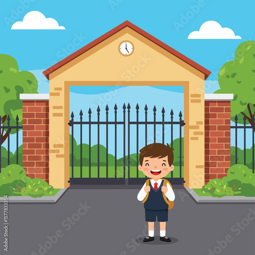 Happy Schoolboy Standing at School Gate in Uniform Flat Vector Illustration
