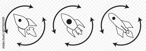 Startup icon line art, vector set. Rocket icon. Rocket launched icon vector. Set of rocket vector icons. Launch spaceship or spacecraft. Rocket fast flying for space. New business start up. EPS 10.