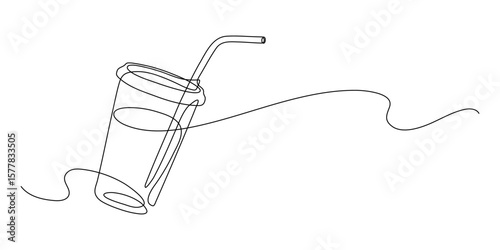 Plastic glass of water, or cocktail with straw. Summer beverage. Continuous line drawing.