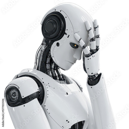 Confusing AI Robot doing facepalm hand gesture, AI robot with a perplexed expression performing a facepalm gesture, isolated on transparent background