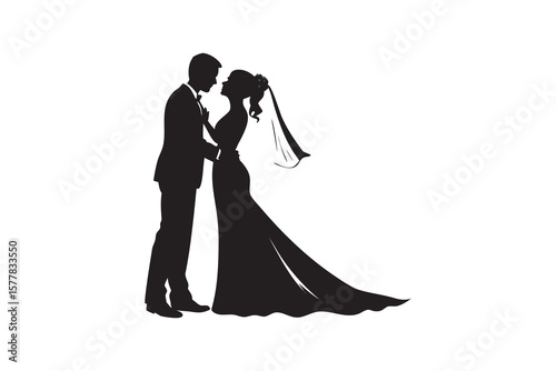 Elegant Wedding Silhouette of Bride and Groom Embracing Each Other Perfect for Invitations Decorations or Design Projects with a Romantic and Classic Touch