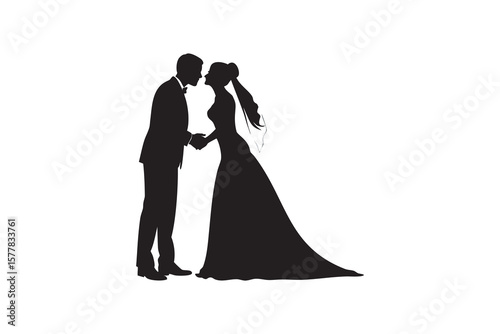 Elegant Wedding Silhouette of Bride and Groom Holding Hands Isolated on White Background Symbolizing Love Commitment and a New Beginning Together
