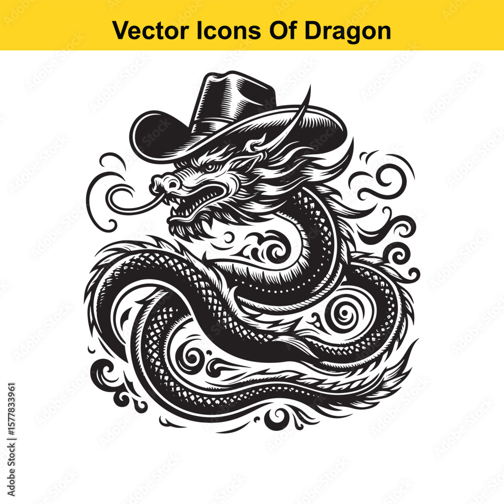 Fototapeta premium Western-Style Dragon Curled in Resting Pose – Black and White Line Art