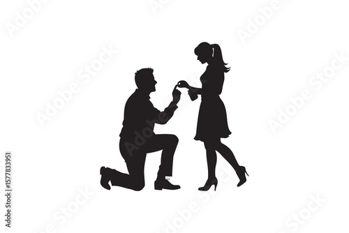 Romantic marriage proposal silhouette with man kneeling and offering a ring to a woman on a white background for love and relationships