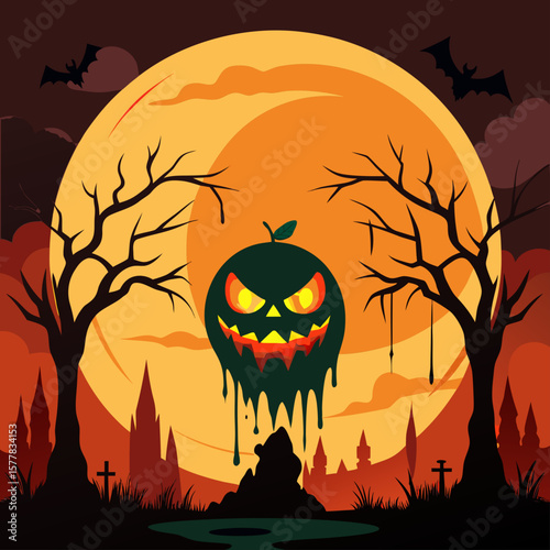 Spooky halloween night with a dripping jack o lantern and bats against a full moon