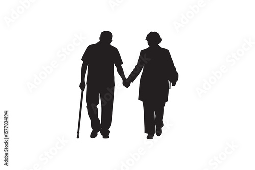 Silhouette of an elderly couple holding hands and walking together symbolizing love companionship and support in their golden years on a white background