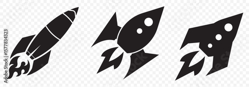 Space rocket black silhouette logo icon isolated on Transparent background, clip art bundle set Mastering Rocket Icons and Graphics: A Guide to Vector Art on Transparent Background. EPS 10.