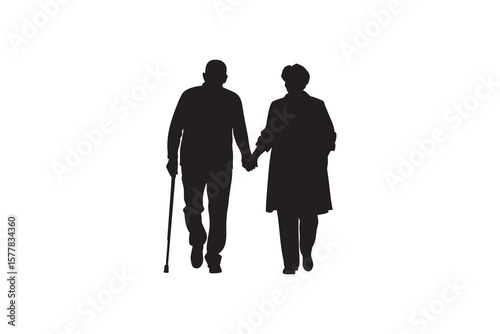 Silhouette of an elderly couple walking hand in hand the man using a cane for support symbolizing love companionship and the journey of aging