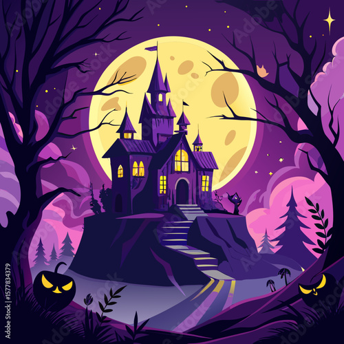 Spooky haunted castle on a hill under a large full moon at night