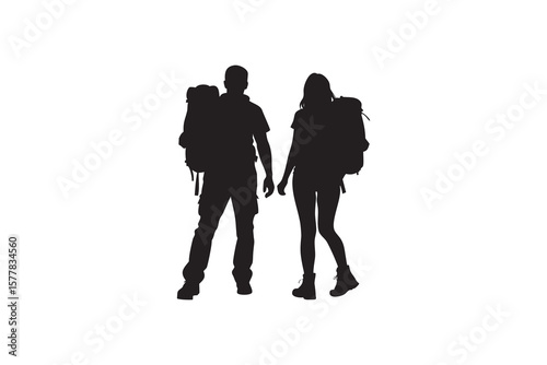 Silhouette of a Couple Hiking Together with Backpacks Enjoying the Outdoors and Nature Isolated on White Background Adventure and Exploration Concept