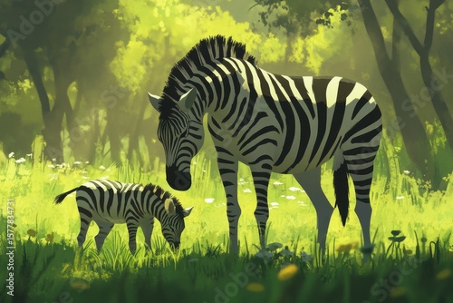 Zebra mother and baby grazing on grass in a vibrant wildlife setting with gentle sunlight, Zebra mother and baby grazing on grass at wildlife park