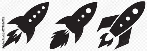 Space rocket black silhouette logo icon isolated on Transparent background, clip art bundle set Mastering Rocket Icons and Graphics: A Guide to Vector Art on Transparent Background. EPS 10.