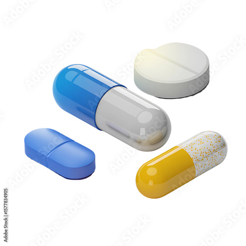 Appealing healthcare design showcasing different colorful capsules and tablets for medical or pharmaceutical themes.