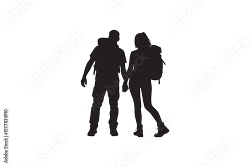 Silhouette of a couple hiking together holding hands with backpacks on a white background representing outdoor activities love and adventure in a simple and