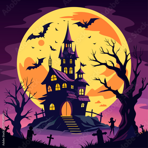 Spooky haunted mansion with a full moon and bats on halloween night