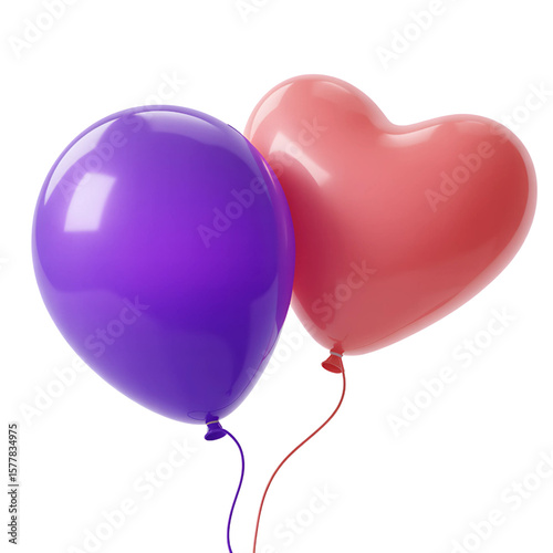 Two balloons, one heart-shaped and pink, and the other oval and purple, float together in a celebratory design element suitable for logos.