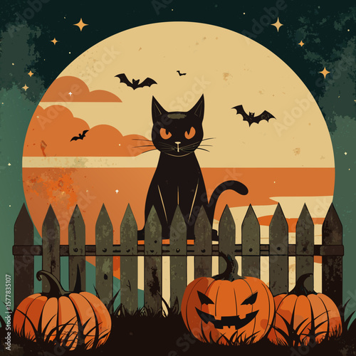 Black cat and jack o lanterns on halloween night under a full moon