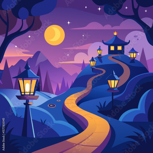 Enchanting japanese garden path lit by lanterns under a crescent moon