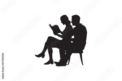 Silhouette of a couple sitting on a chair together with the woman reading a book isolated on a white background symbolizing togetherness and shared