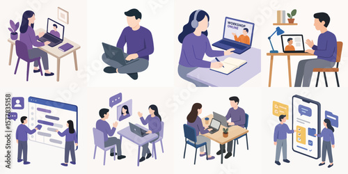 Isometric Illustration People Having Online Meeting and Working from Home