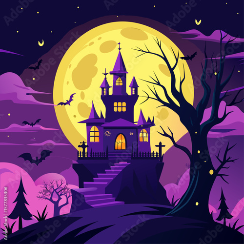 Spooky purple haunted castle on a hill under a giant full moon