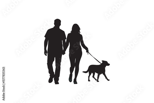 Silhouette of a couple holding hands walking a dog on a leash isolated on white background representing love companionship and pet ownership