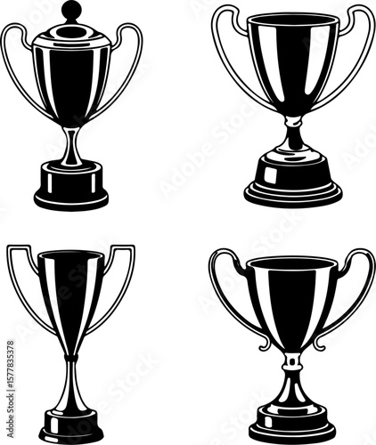 Image is a vector illustration featuring four distinct trophy designs, each in a black silhouette style. The layout is a 2x2 grid, with each trophy occupying one quadrant. The top left trophy has a cl