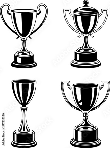 Image is a vector illustration featuring four distinct trophy designs, each in a black silhouette style. The layout is a 2x2 grid, with each trophy occupying one quadrant. The top left trophy has a cl